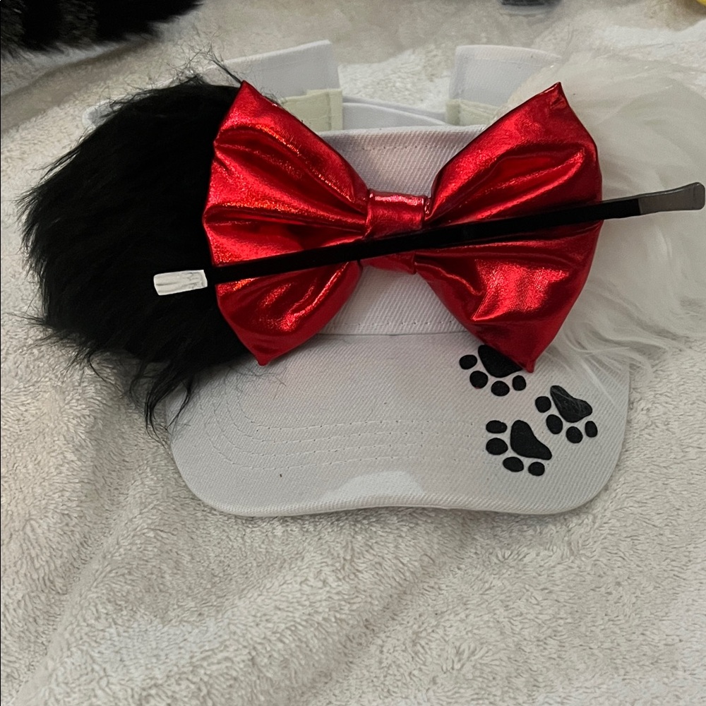 Cruella White Visor with Red Bow and Black and white fur.